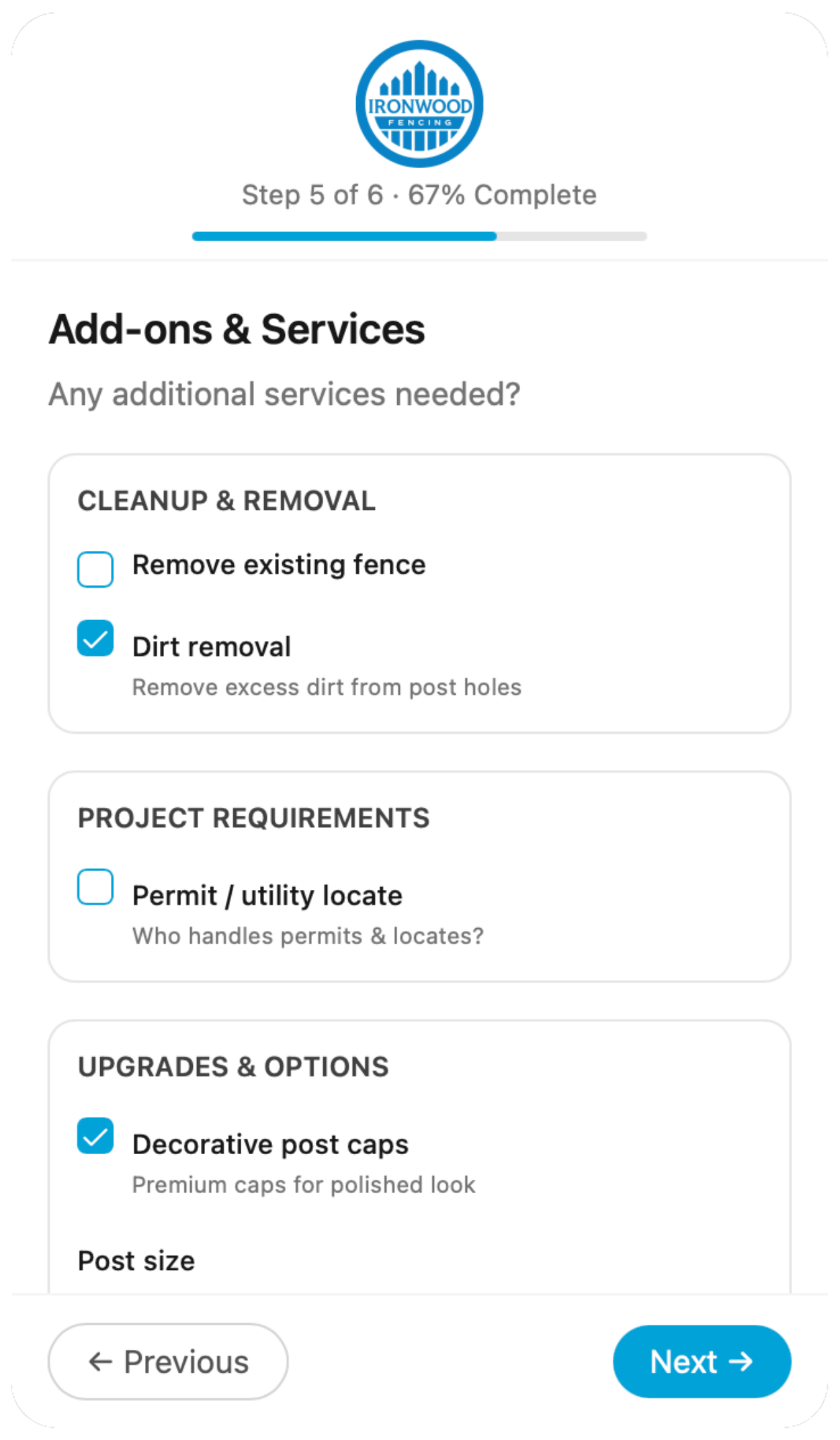 White-label mobile widget showing Ironwood Fencing branding